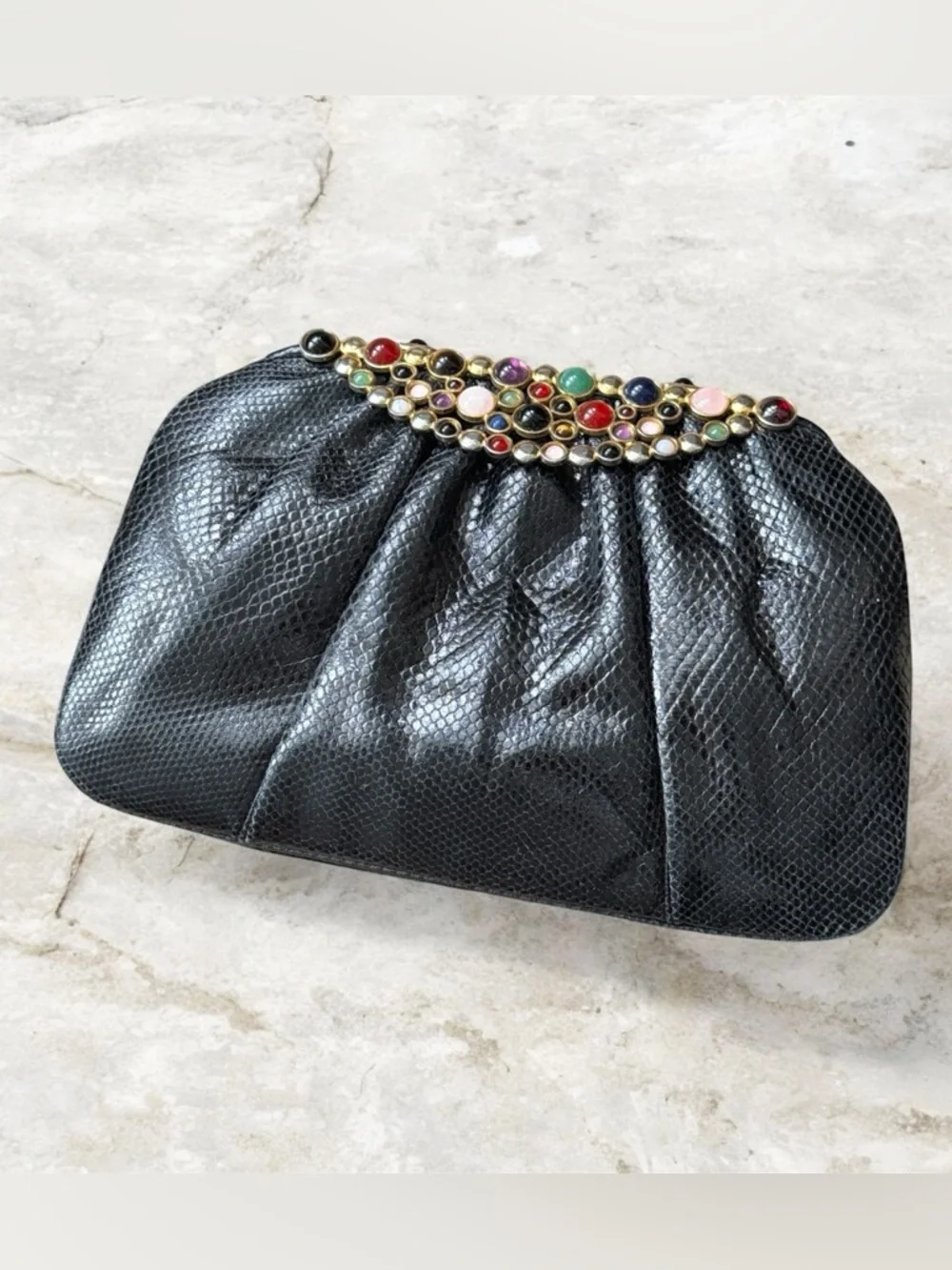 RARE!! Judith Lieber Snakeskin Bag with Cabochon Stone Details.